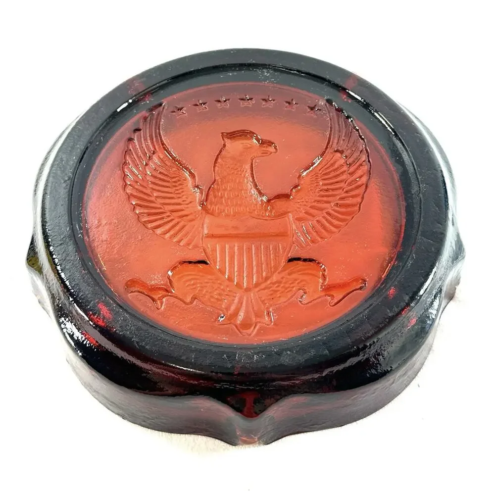 Vintage Amberina Red Glass Ashtray 10” Eagle Patriotic Black Rim Mid Century - Picture 5 of 5